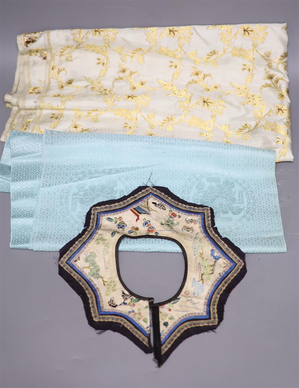 A Chinese gauze work bolt, Qing dynasty, an Indian silk sari, a Chinese bolt of brocade and a collar